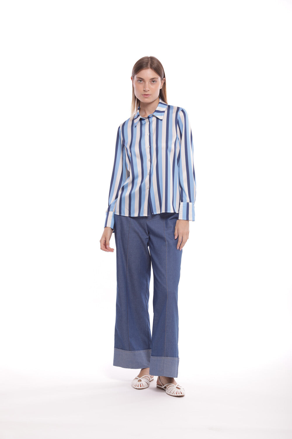 PANTALONE PALAZZO CROPPED IN CHAMBRAY