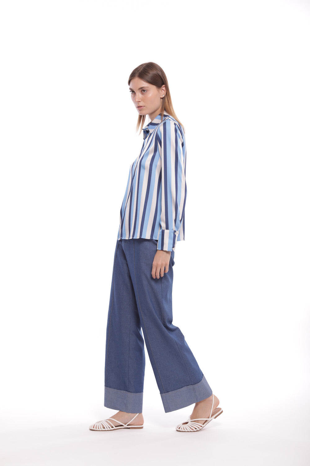 PANTALONE PALAZZO CROPPED IN CHAMBRAY