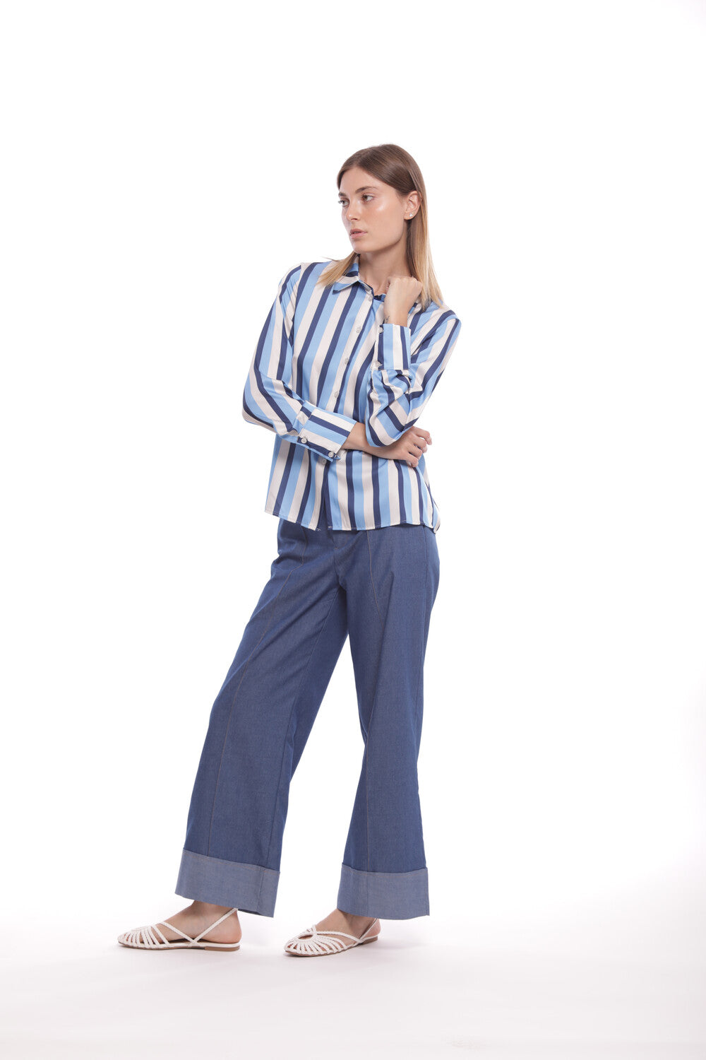 PANTALONE PALAZZO CROPPED IN CHAMBRAY