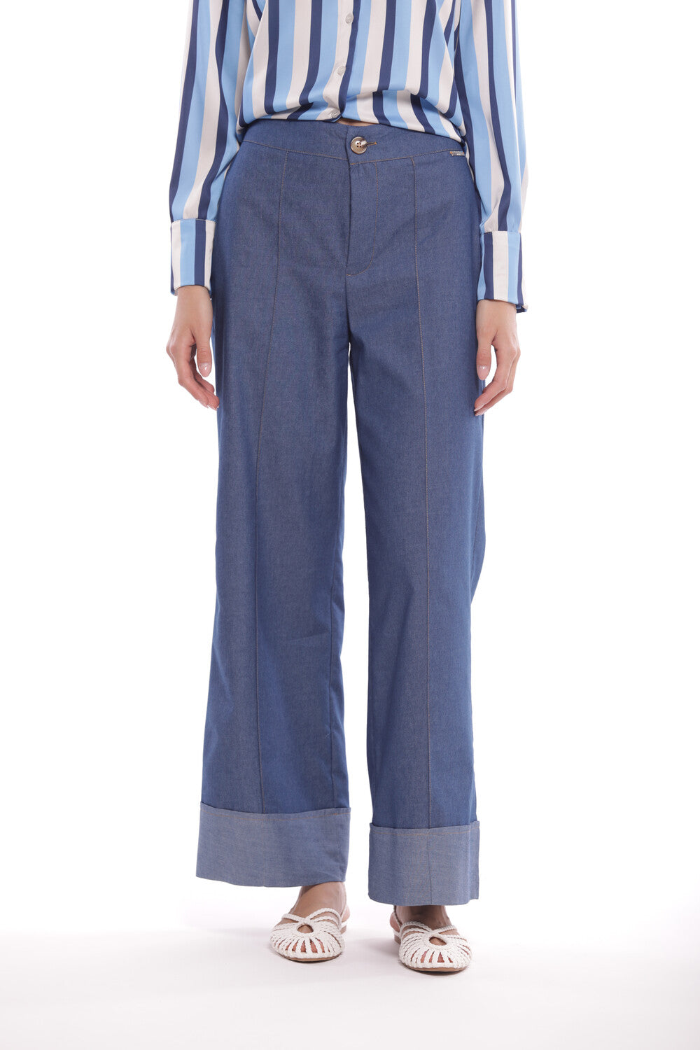 PANTALONE PALAZZO CROPPED IN CHAMBRAY