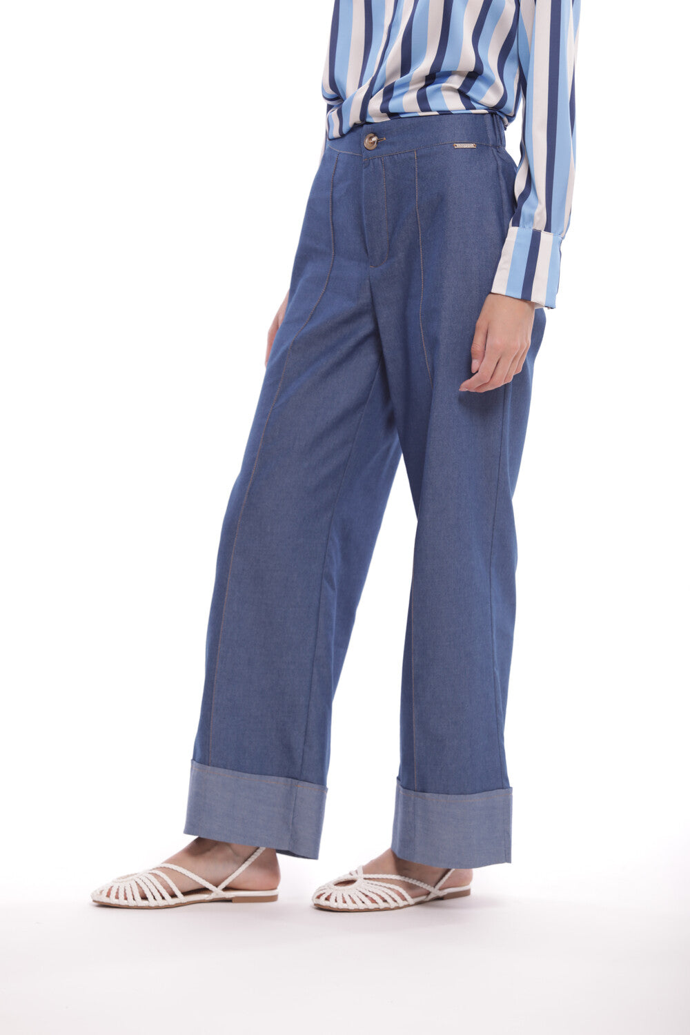 PANTALONE PALAZZO CROPPED IN CHAMBRAY