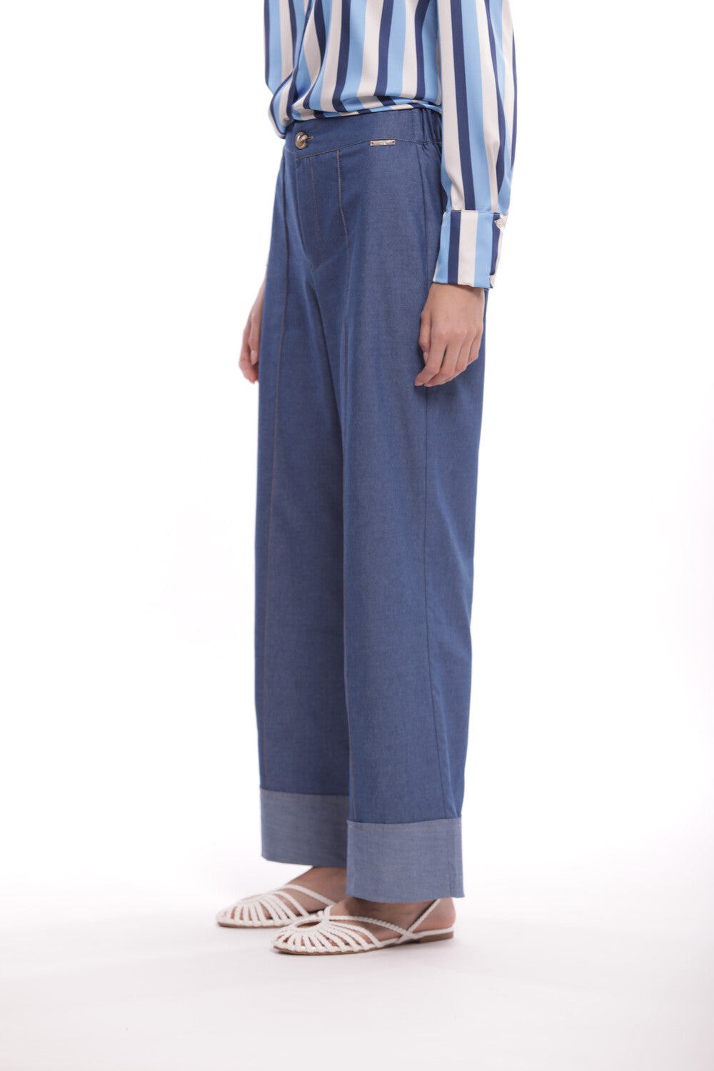 PANTALONE PALAZZO CROPPED IN CHAMBRAY