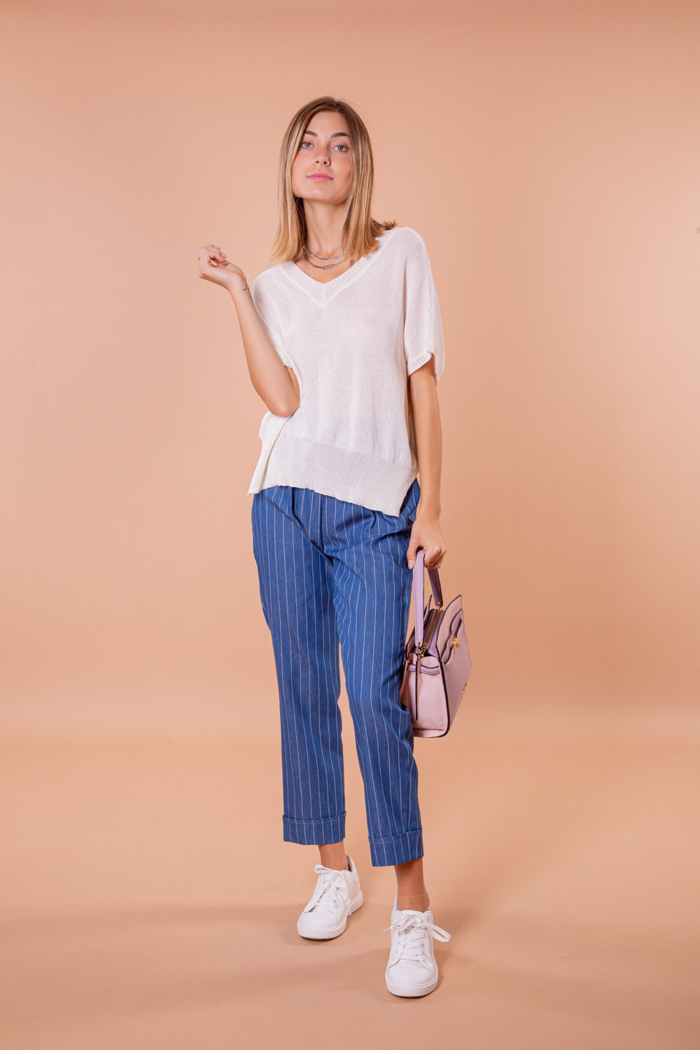 Pantaloni jogger a righe chambray